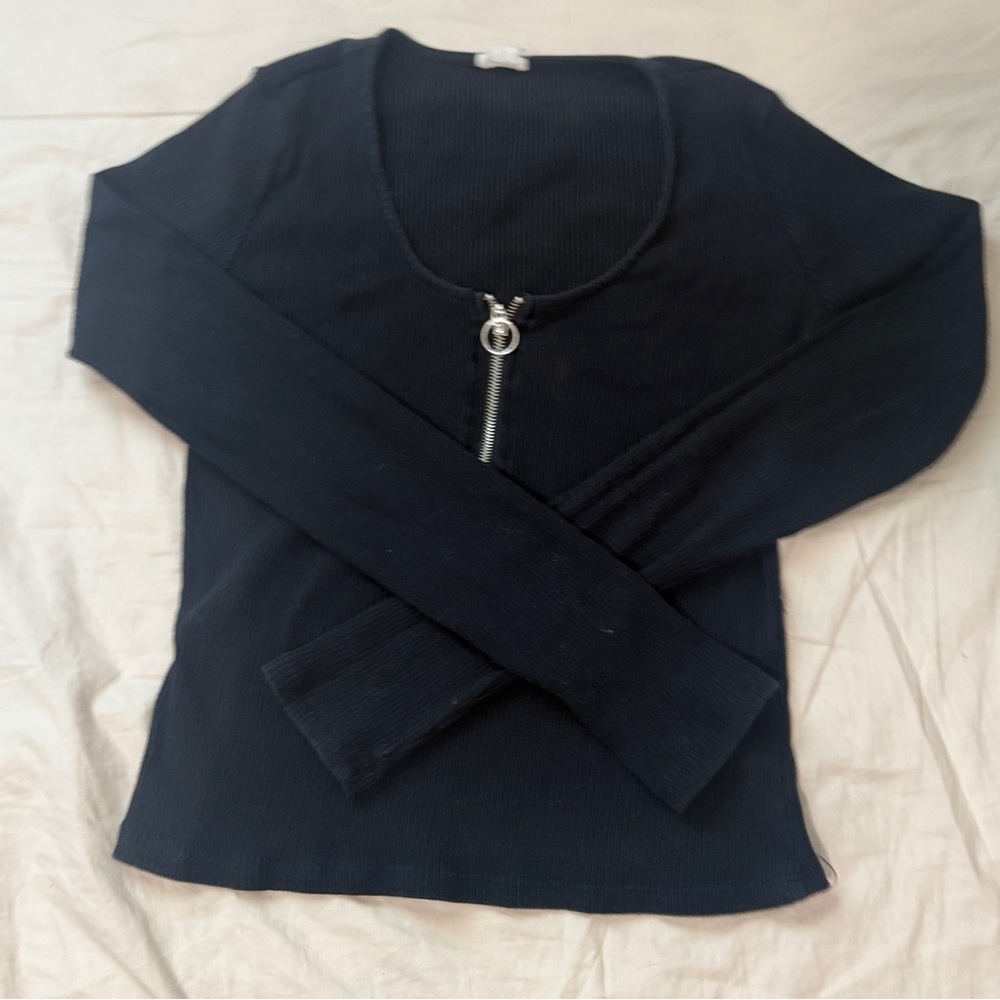 Black Long Sleeve Top with Zipper Detail